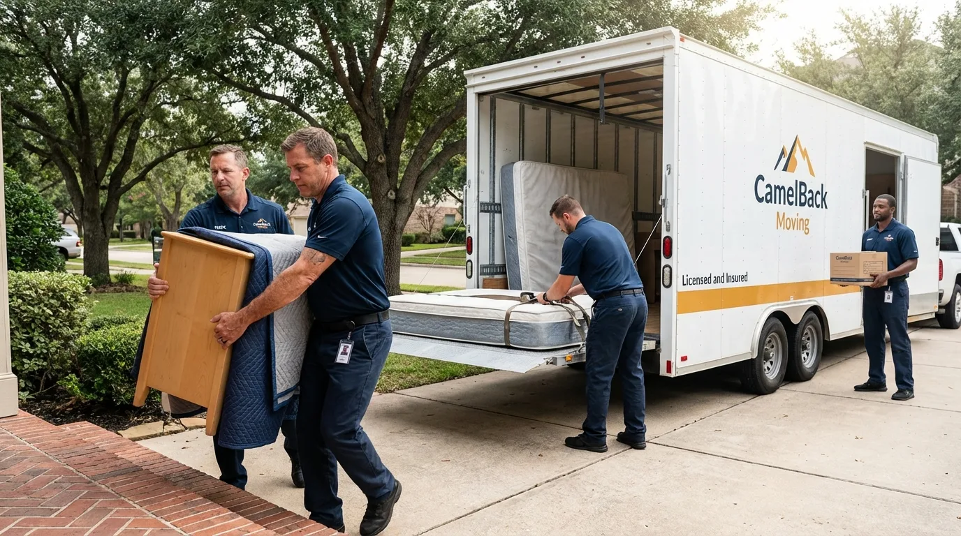 Crew loading residential truck for cross-state move from Garden City, TX