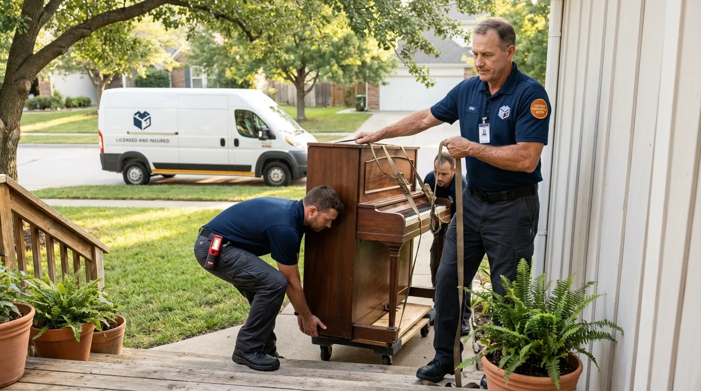 Licensed piano movers securing grand piano in Garden City, TX