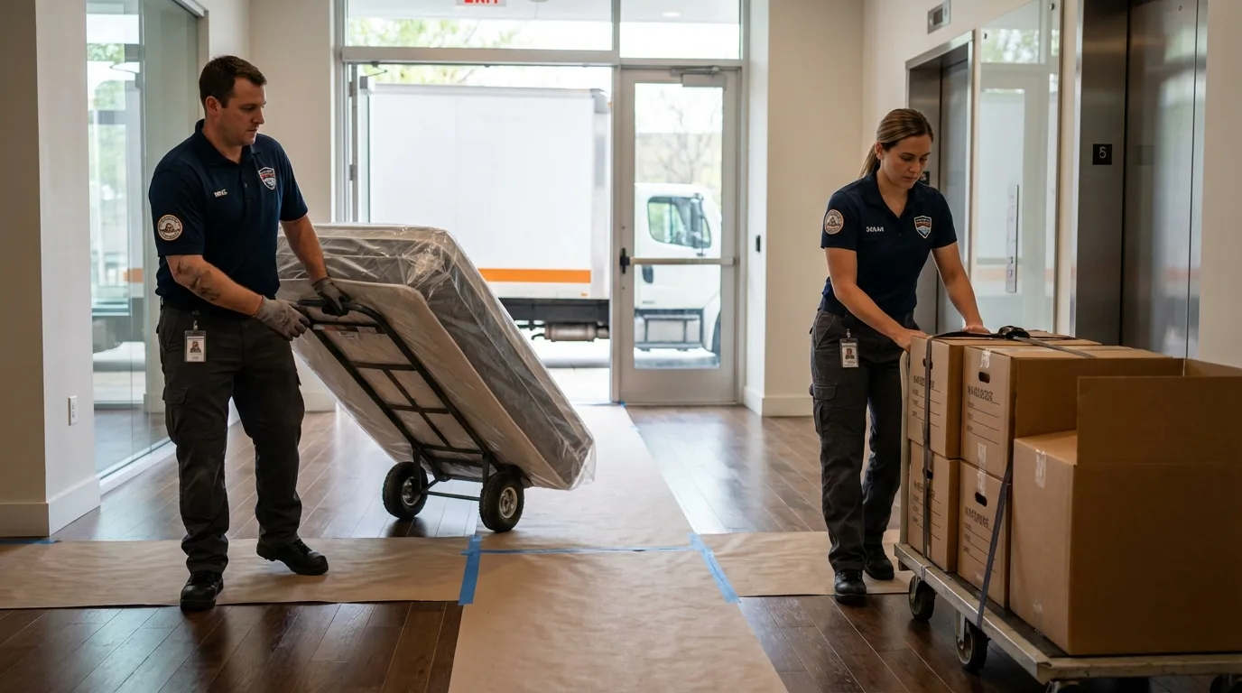 Professional apartment movers loading elevator in Garden City, TX