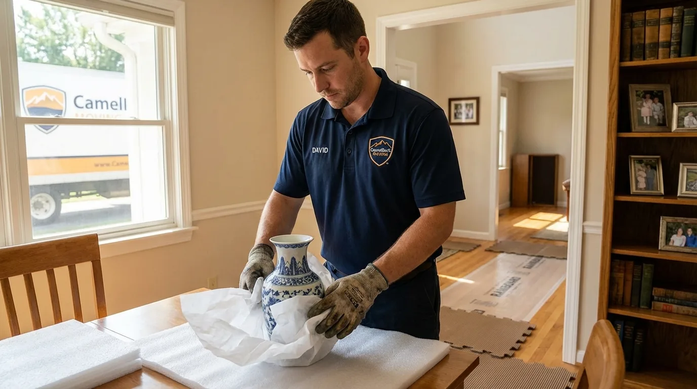 Professional crew carefully wrapping antique vase for senior downsizing move in Garden City, TX